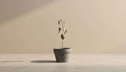 Single withered plant in a dry cracked pot on a beige background, symbolizing drought, lack of care, and fragile environmental conditions.