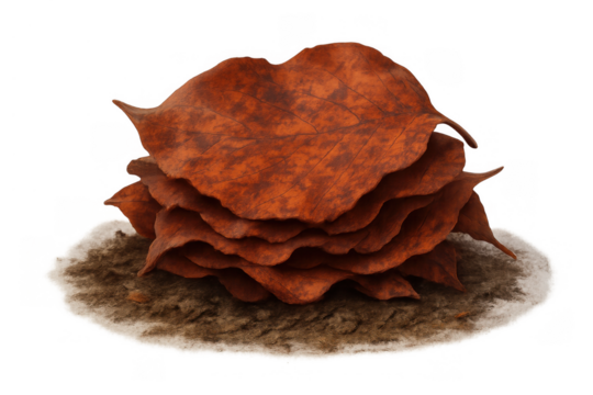 Autumn dry leaves stacked in a small pile on dirt, showing decay and the changing seasons with transparent background
