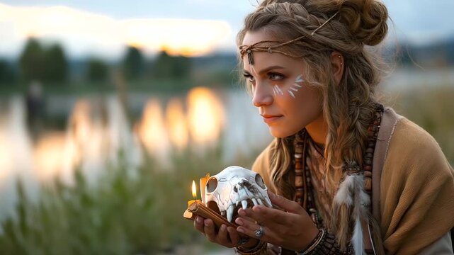 Beautiful shaman woman with face painting, skull and palo santo sticks performing ritual near river outdoors, space for text, under soft natural light highlighting mysticism and na