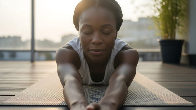 Serene Morning Yoga: An African American woman extends into Child's Pose on a yoga mat as gentle morning light and dew illuminate her peaceful practice.