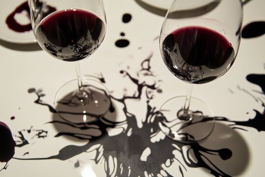 Abstract artistic wine spill with glasses on white surface