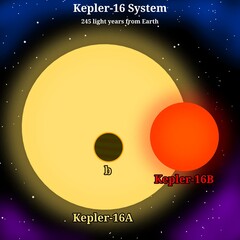 Kepler-16 Planetary System Illustration (Exoplanet That Orbiting The Binary Star System) – Scientific Infographic