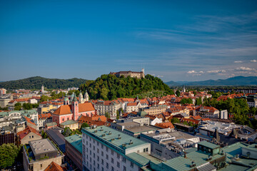 Ljubljana, Slovenia – July 14, 2025: A sweeping aerial view of Ljubljana’s historic city center...