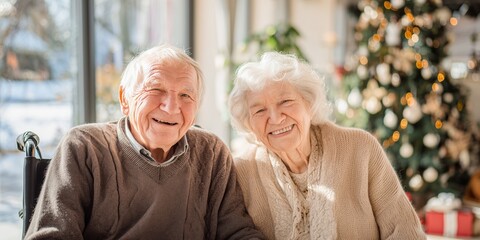 Smiling elderly couple, one in wheelchair, share warm Christmas moment with twinkling tree by window. Tender senior holiday joy, heartfelt nursing home festive love vibe.