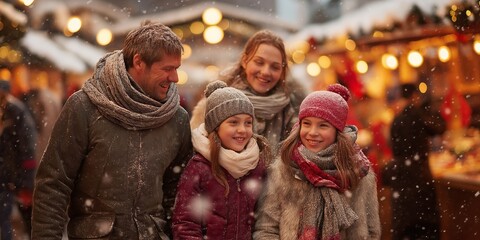 Family in knit scarves and hats smiles amid falling snow at bustling Christmas market with glowing lights and stalls. Joyful winter outing together, enchanting festive fair vibe.