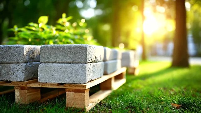 Stacks of grey concrete blocks on wooden pallets, precast fence segments rough texture, set against green grass, blurred trees, await construction, ideal for landscaping, boundary,