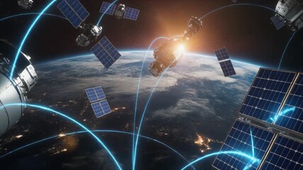 Satellites orbiting earth with visible connections and solar panels in space environment view - Powered by Adobe