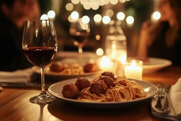 Romantic italian dinner with spaghetti and wine in candlelit ambiance