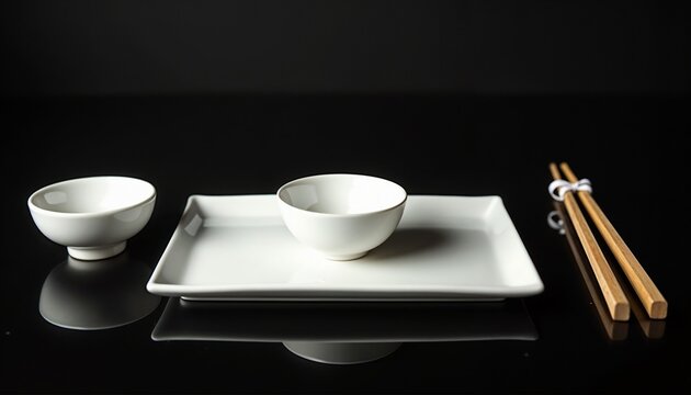 Minimalist sushi tableware set in clean black and white style representing Japanese dining