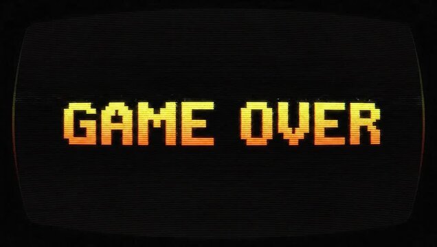 Game over screen retro arcade glitch effect pixelated video game end screen animation loop background