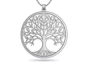 Fototapeta premium Elegant, circular pendant depicting the stylized Tree of Life, on a silver chain