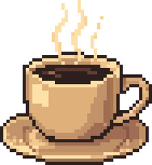 A cozy pixel-art illustration of a steaming coffee cup on a saucer. The warm tones and retro 8-bit style create a nostalgic, comforting atmosphere reminiscent of classic video games and cozy caf&eacute;s.
