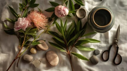 Pink flowers, green leaves, smooth stones, sharp scissors, and a dark ceramic bowl are artfully arranged on a soft white cloth, bathed in natural light, creating a serene and balanced composition