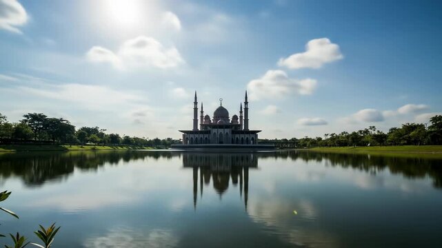 A grand mosque is reflected perfectly in a tranquil lake, under a sunlit blue sky