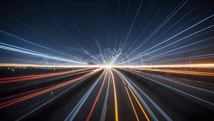 High-Speed Light Trails on Night Highway in Long Exposure
