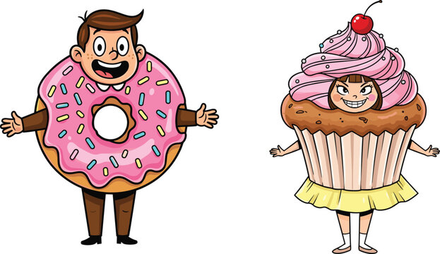 Funny cartoon kids dressed as donut and cupcake with colorful frosting, sweet food costumes, playful dessert characters, humorous illustration for fun themes