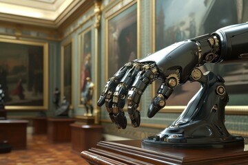 Robotic hand displayed in an art gallery setting