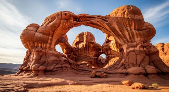 A captivating view of the delicate arch in arches national park, utah, with its unique sandstone formation against a backdrop of a clear blue sky