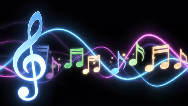 A colorful neon illustration of a treble clef and musical notes on a glowing sound wave