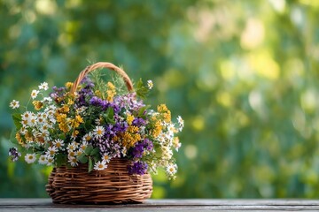 flowers bouquet in wicker basket on table in garden, abstract natural green background. spring, summer season. rustic still life with meadow flowers. template for design. copy space