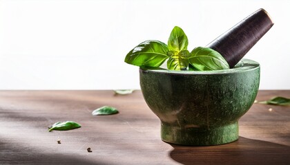 Mortar And Pestle For Genoese Pesto With Basil