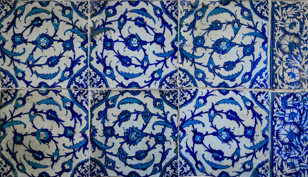 Ornate blue Turkish Iznik tiles with floral Islamic patterns in Istanbul, Turkey