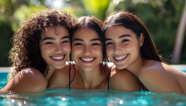 Three happy girls smile in pool together. Multiracial teens swim in summer water. Diverse friends bond, enjoy sunlight. Friendship