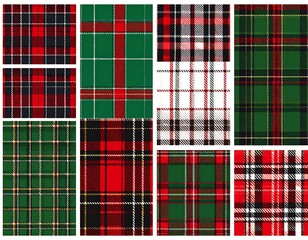 Collection of various festive tartan patterns in red, green, black and white color schemes