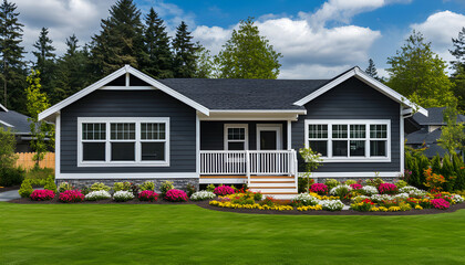 Fototapeta premium Modern small grey house with white trim, wooden porch, and landscaped garden. Features include lawn, flower beds, and trees under a blue sky with clouds. This cozy abode offers peaceful living