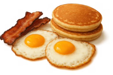 Full american breakfast plate with scrambled eggs, crispy bacon strips, and golden pancakes, transparent background