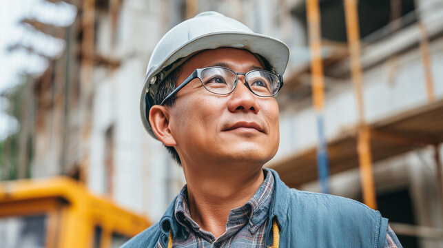 Asian American construction work or engineer wearing a hard hat and glasses. On site at a construction project in progress - Powered by Adobe
