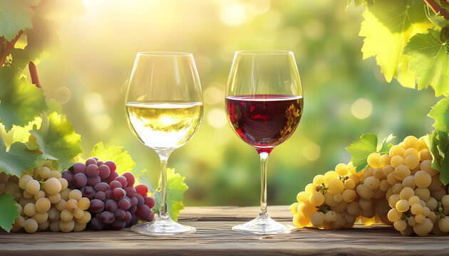 Red and white wine glasses sit with purple and green grapes on a wooden table. Fresh fruit and beverages are arranged with green