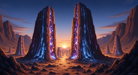 Majestic rock formations stand tall against the twilight sky, revealing a hidden portal of glowing energy amidst a surreal, otherworldly landscape