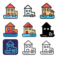 Variety of colorful house icons with pool on gradient background