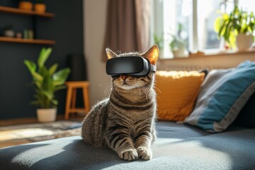 Cat wearing vr glasses relaxing in modern sunlit living room