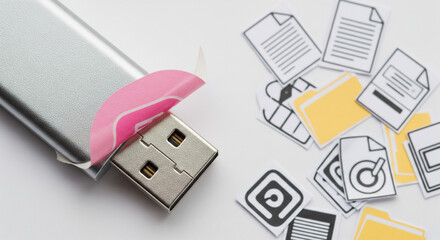 Fototapeta premium USB flash drive and paper icons representing digital file storage. A close-up, high-key shot featuring the metallic connector end of a silver USB flash drive