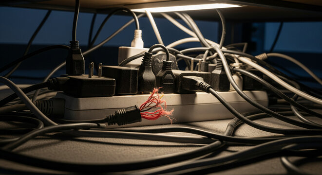 Dangerous electrical hazard: frayed wire and overloaded power strip.
A close-up, low-angle shot depicting a dangerous and disorganized mess of electrical cords and plugs centered around an overloaded