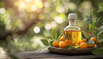 Close-up still life featuring amber argan oil bottle alongside nuts, fresh green leaves. Natural ingredients create luxurious wellness scene on wooden table. Image represents organic beauty skincare