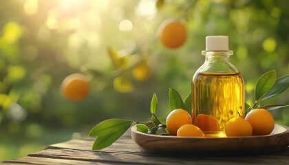 Close-up still life featuring amber argan oil bottle alongside nuts, fresh green leaves. Natural ingredients create luxurious wellness scene on wooden table. Image represents organic beauty skincare