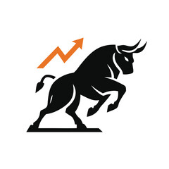 Fototapeta premium Strong black bull icon with an orange upward trending arrow, perfect for financial growth, stock market, and business success concepts.