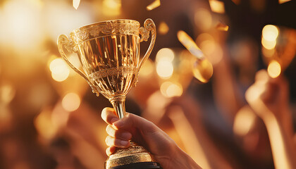Hands hold golden trophies at event. People celebrate victory, success. Winning team lifts rewards, receives recognition. Competition winners showcase achievements with pride. Championship award