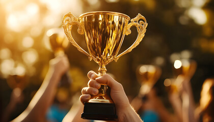Fototapeta premium Hands hold golden trophies at event. People celebrate victory, success. Winning team lifts rewards, receives recognition. Competition winners showcase achievements with pride. Championship award