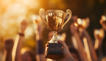 Hands hold golden trophies at event. People celebrate victory, success. Winning team lifts rewards, receives recognition. Competition winners showcase achievements with pride. Championship award