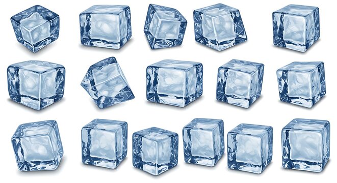 Collection of transparent, clear ice cubes of different shapes and orientations isolated