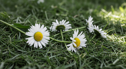 Fresh White Daisies Resting on Lush Green Lawn in Sunlight
A shallow depth of field, close-up shot of several small, white and yellow daisy blossoms lying casually on a thick