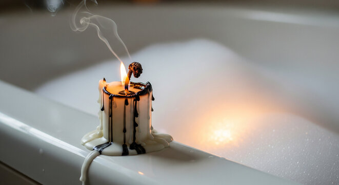 Atmospheric Candle Burning by Bubble Bath for Relaxation Moment
A close-up, horizontal photograph capturing a moment of tranquil self-care and relaxation