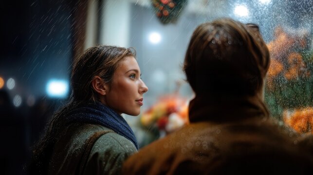 Two figures standing near a shop window on a rainy night, engrossed in something outside