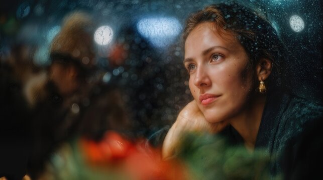 A thoughtful young woman gazes wistfully through a rain-streaked window. She exudes a sense of serene contemplation