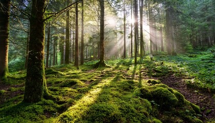 Obraz premium Enchanting Forest Scene With Sunbeams Shining Through The Trees Onto A Mossy Forest Floor