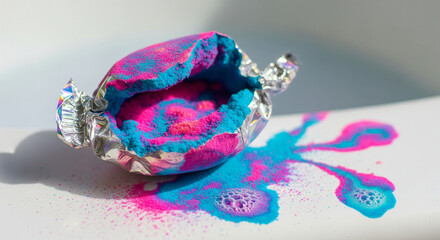 Vibrant Pink and Blue Powder Spilled from Crumpled Silver Foil
A striking, close-up studio shot of a crumpled piece of silver aluminum foil, resembling candy wrapper